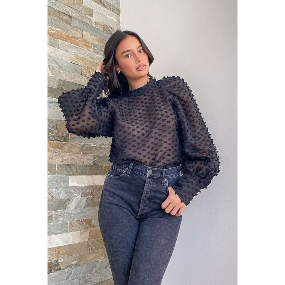 Lulus Love You Sheerly Black Dotted Puff Sleeve Top - Size M